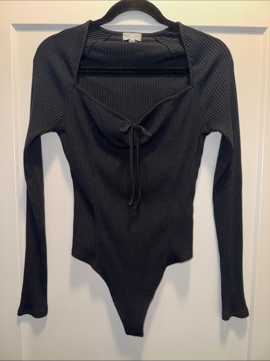 aerie Tops - 🆕 aerie Black Ribbed Tie-Front Long Sleeve Thong Snap Bodysuit. L. NWOT!🔥🖤